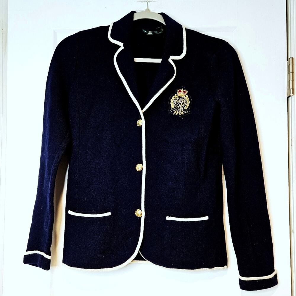 Vintage Lauren Ralph Lauren 90s Merino Wool Crest Blazer Navy with Piping